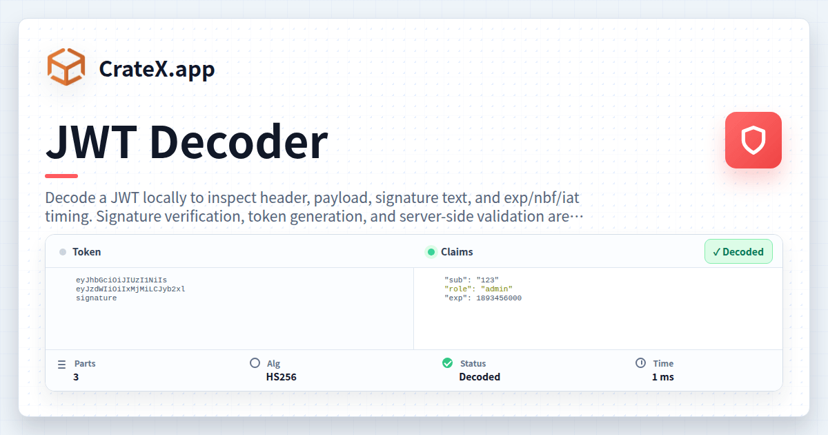 JWT Decoder - Parse Header/Payload & Time Claims | CrateX.app