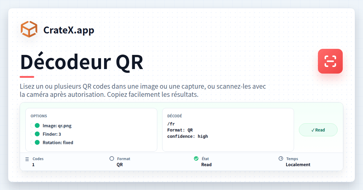 Décodeur QR - lire des QR codes depuis images et captures | CrateX.app